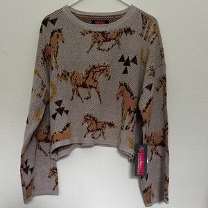 Rock & Roll Cowgirl Horse Print Sweater - Brown and Tan